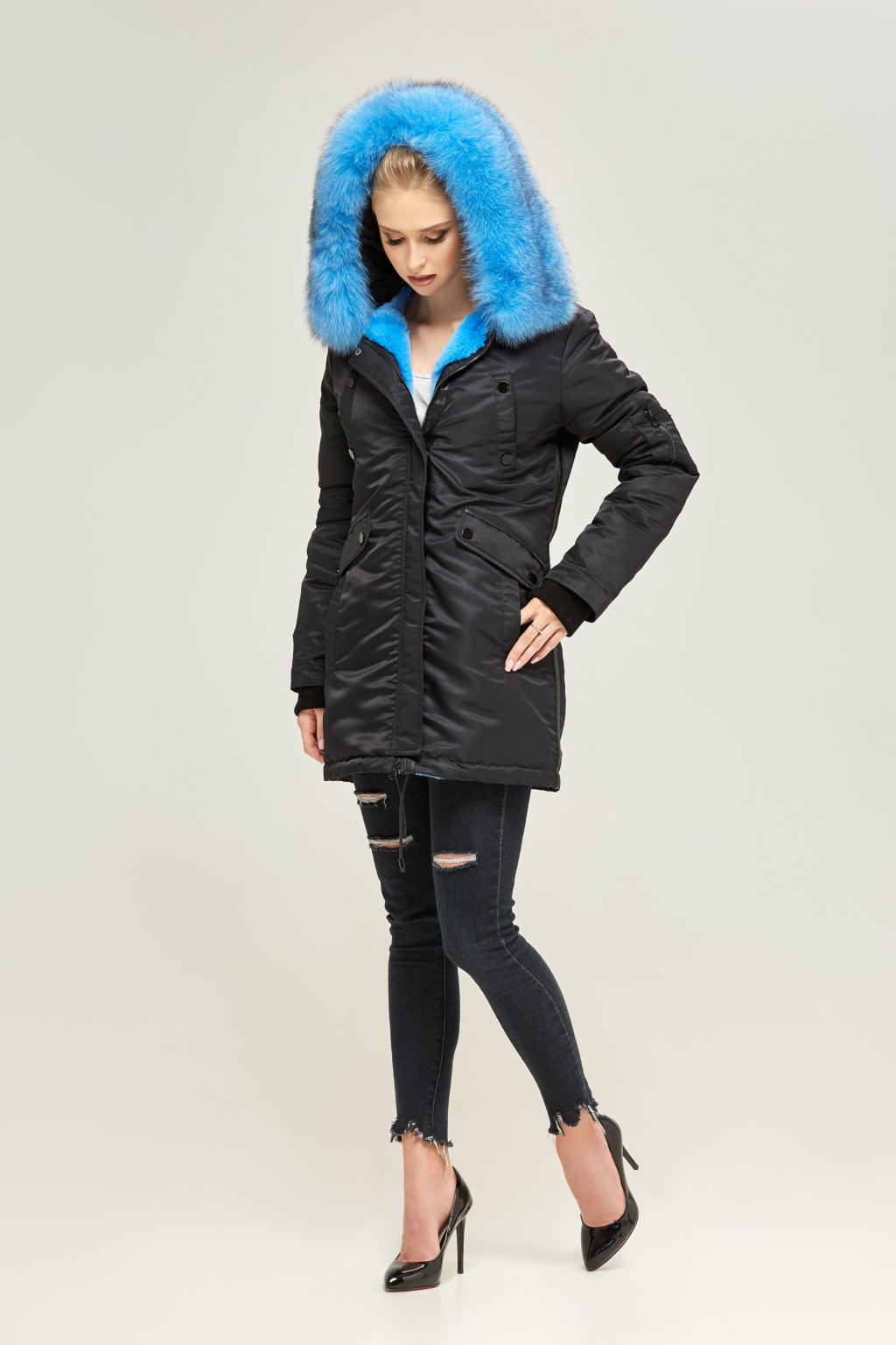 Зимняя парка Mila Nova П-73 черный+ голубой — изображение 5