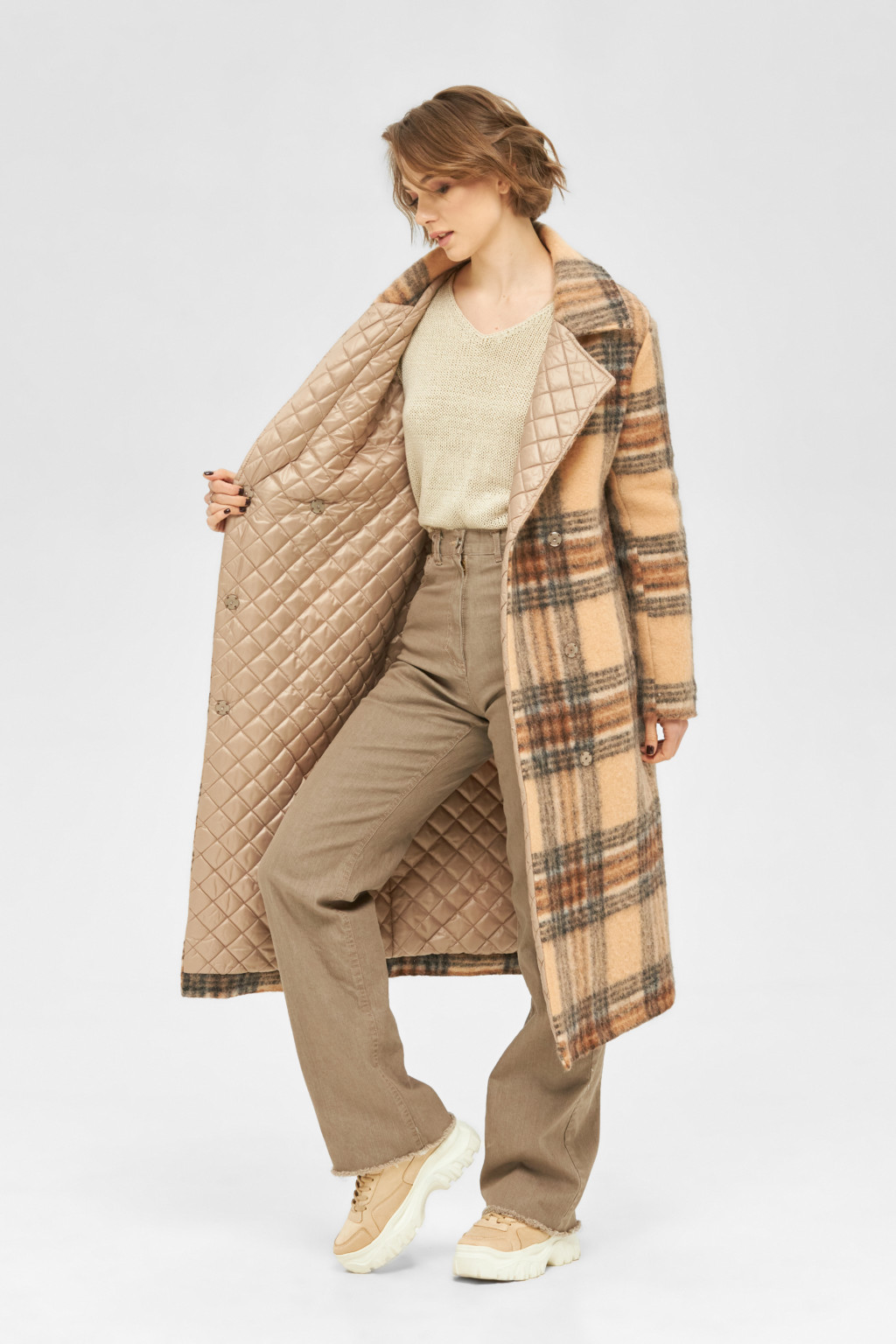 Демисезонное пальто Mila Nova ПВ-68 бежевая клетка — изображение 3