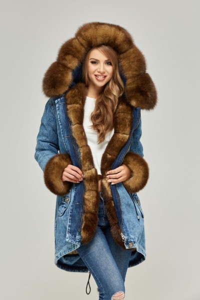 Зимняя джинсовая парка Mila Nova П-65 синий рыжий