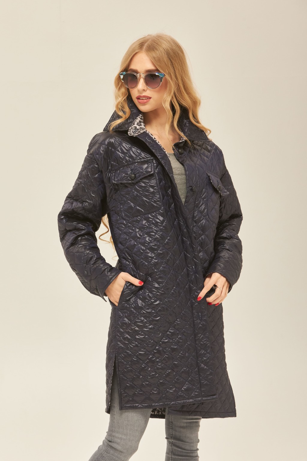 Демисезонный плащ Mila Nova ПВ-181 СИНИЙ + СЕРЫЙ ЛЕОПАРД — изображение 2