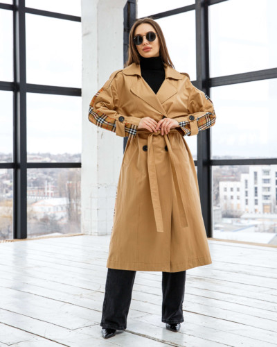 Демісезонний тренч Mila Nova Q-84 кемел+руда клітинка